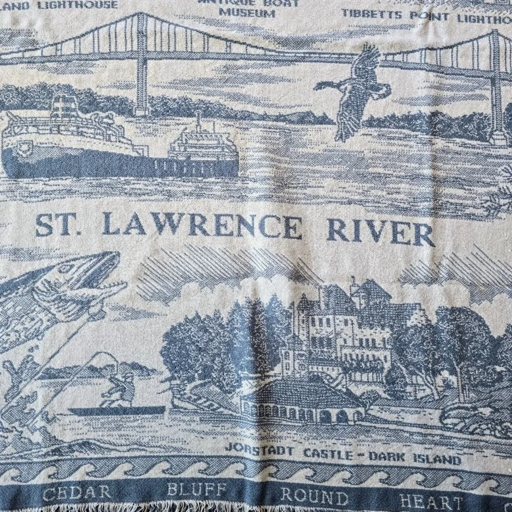 Vintage 1994‎ Blue 1000 Islands Woven Tapestry Throw Blanket St. Lawrence River